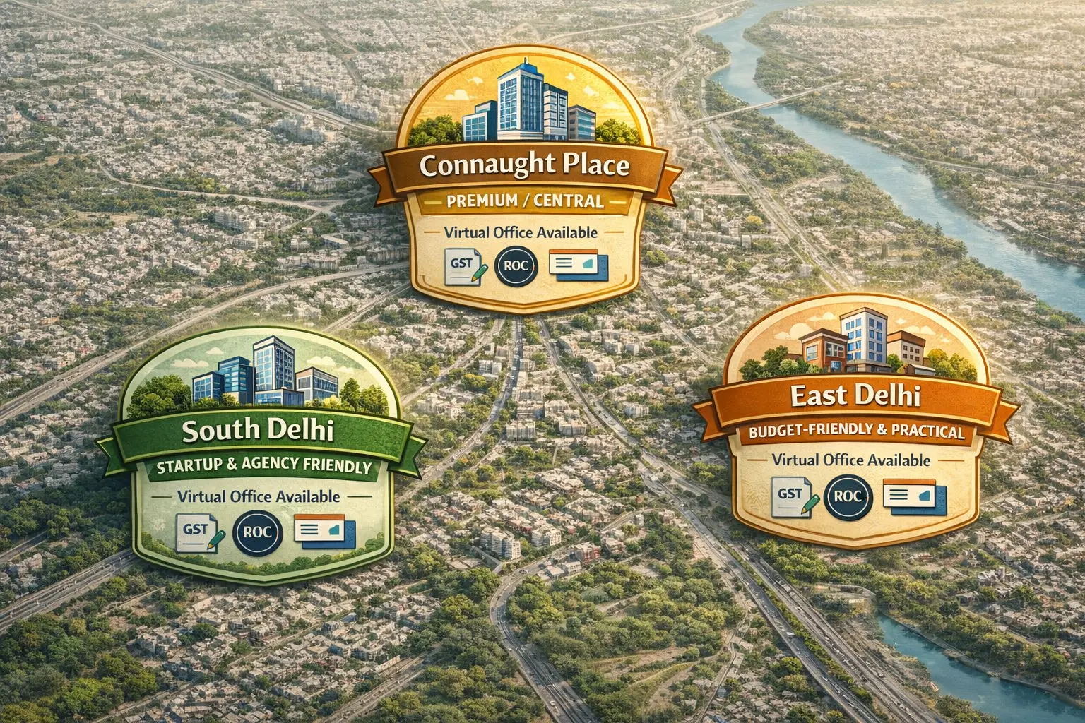 Illustrated Delhi map highlighting Connaught Place, South Delhi, and Laxmi Nagar as key virtual office locations for GST and company registration.