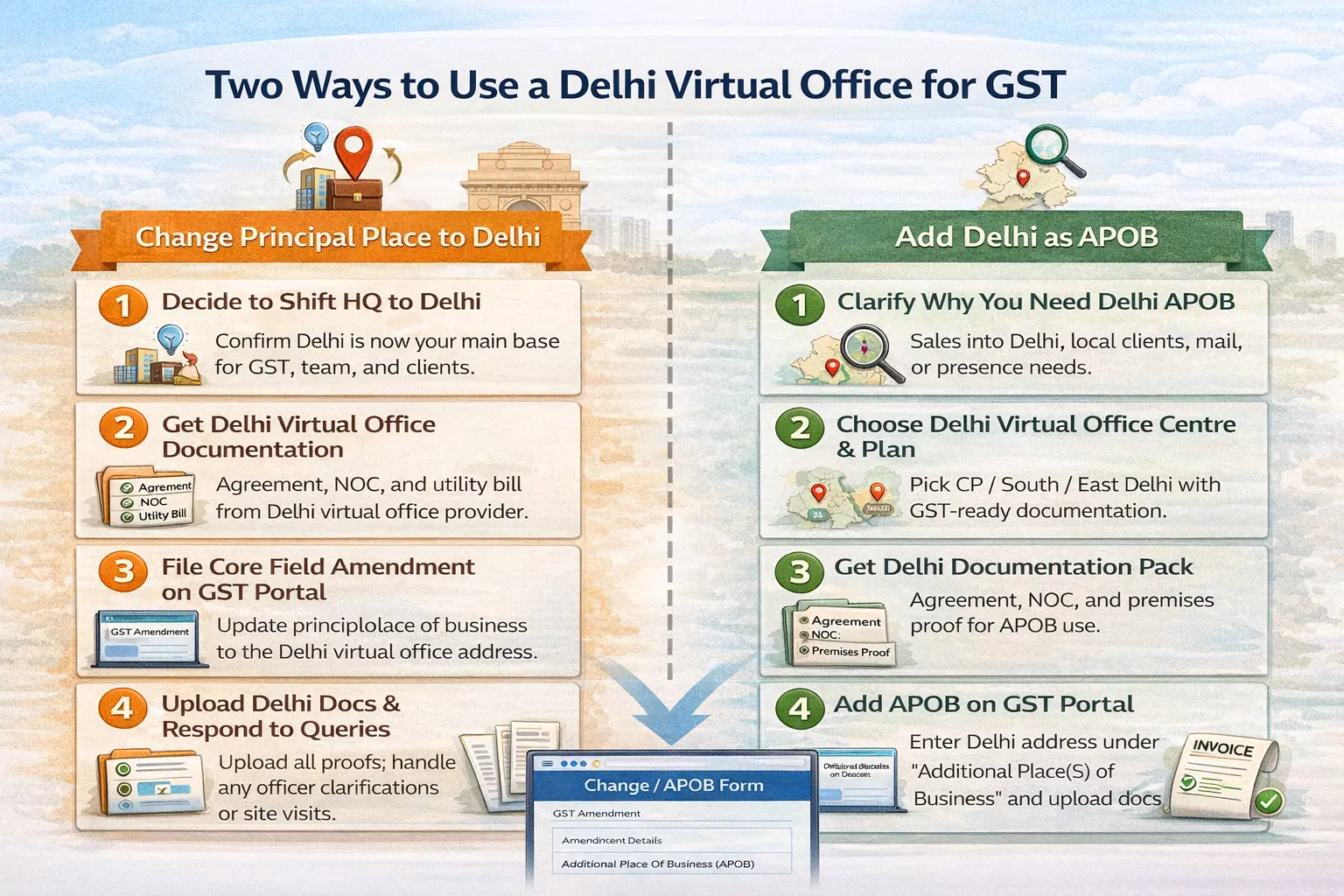 Infographic comparing two flows for using a Delhi virtual office for GST: one to change the principal place of business to Delhi and another to add Delhi as an Additional Place of Business, each with clear five-step sequences.