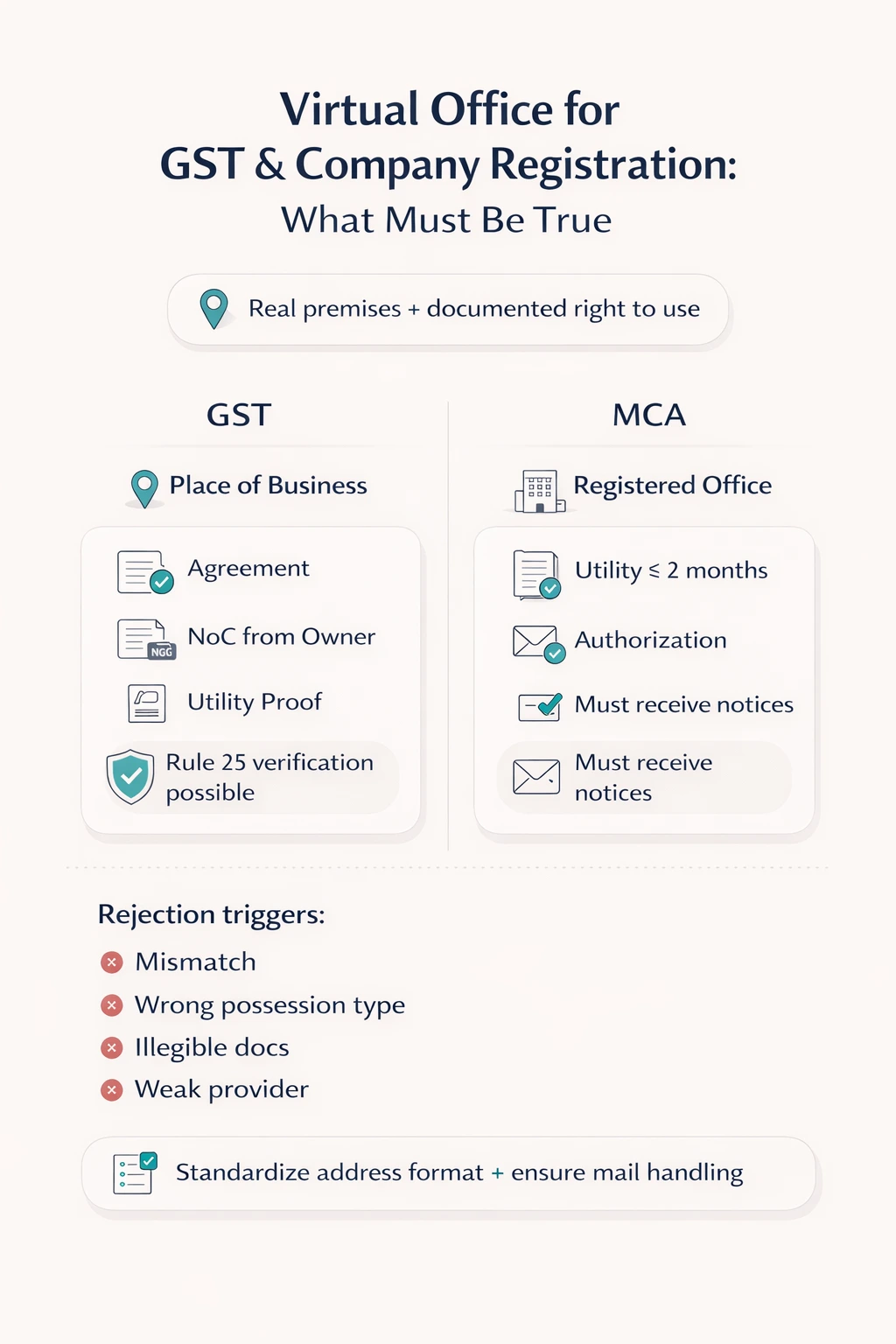 Infographic comparing GST and MCA requirements for using a virtual office address in India.