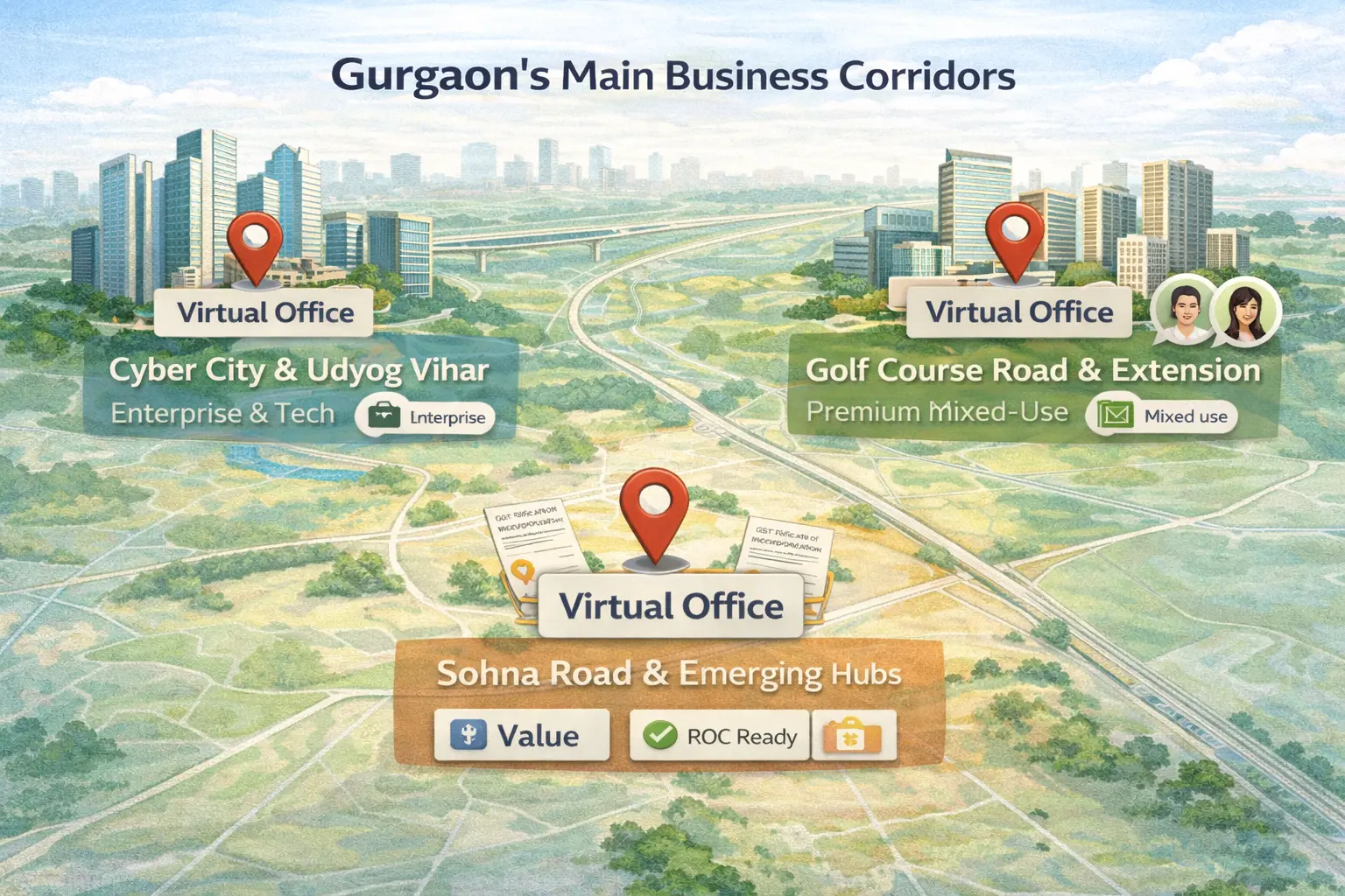 Illustrated Gurgaon map showing Cyber City, Golf Course Road, and Sohna Road as key corridors for virtual office addresses for GST and company registration.